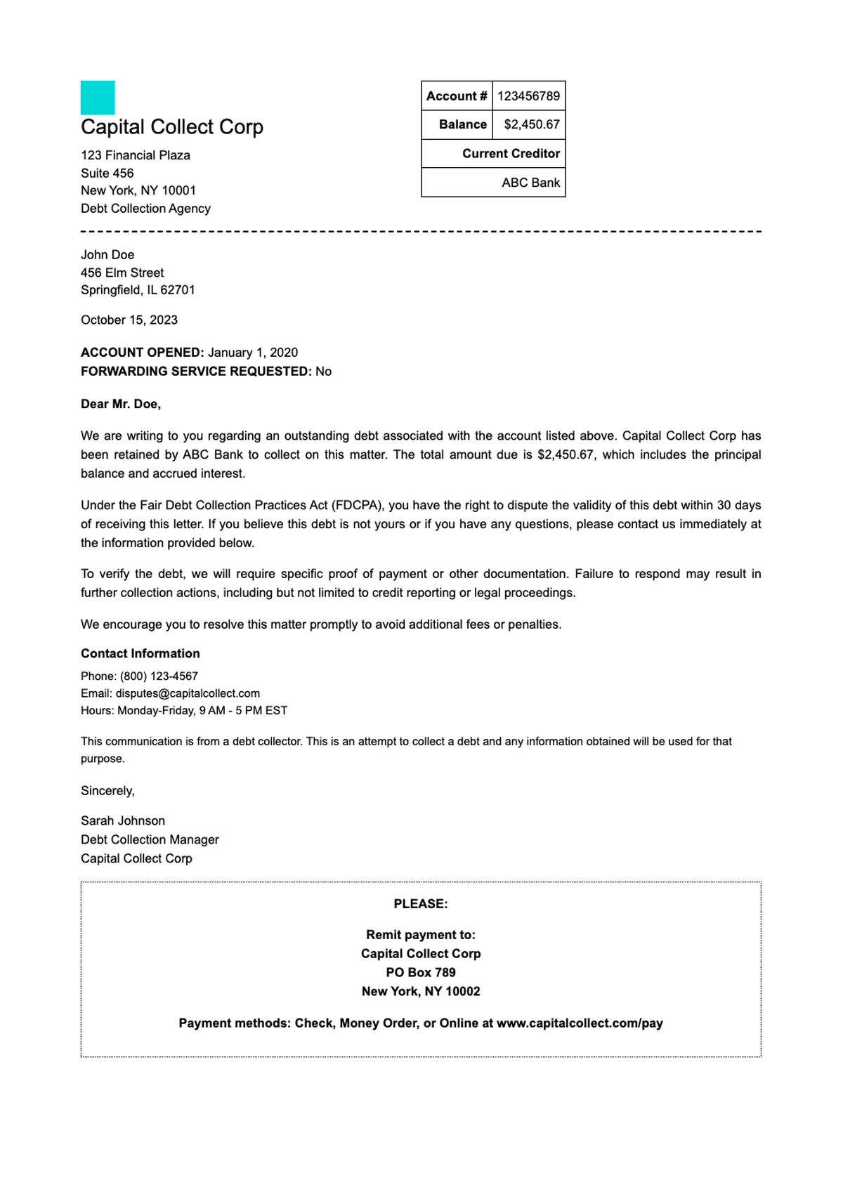 Formal debt collection letter from Capital Collect Corp with account details and payment_variant_1